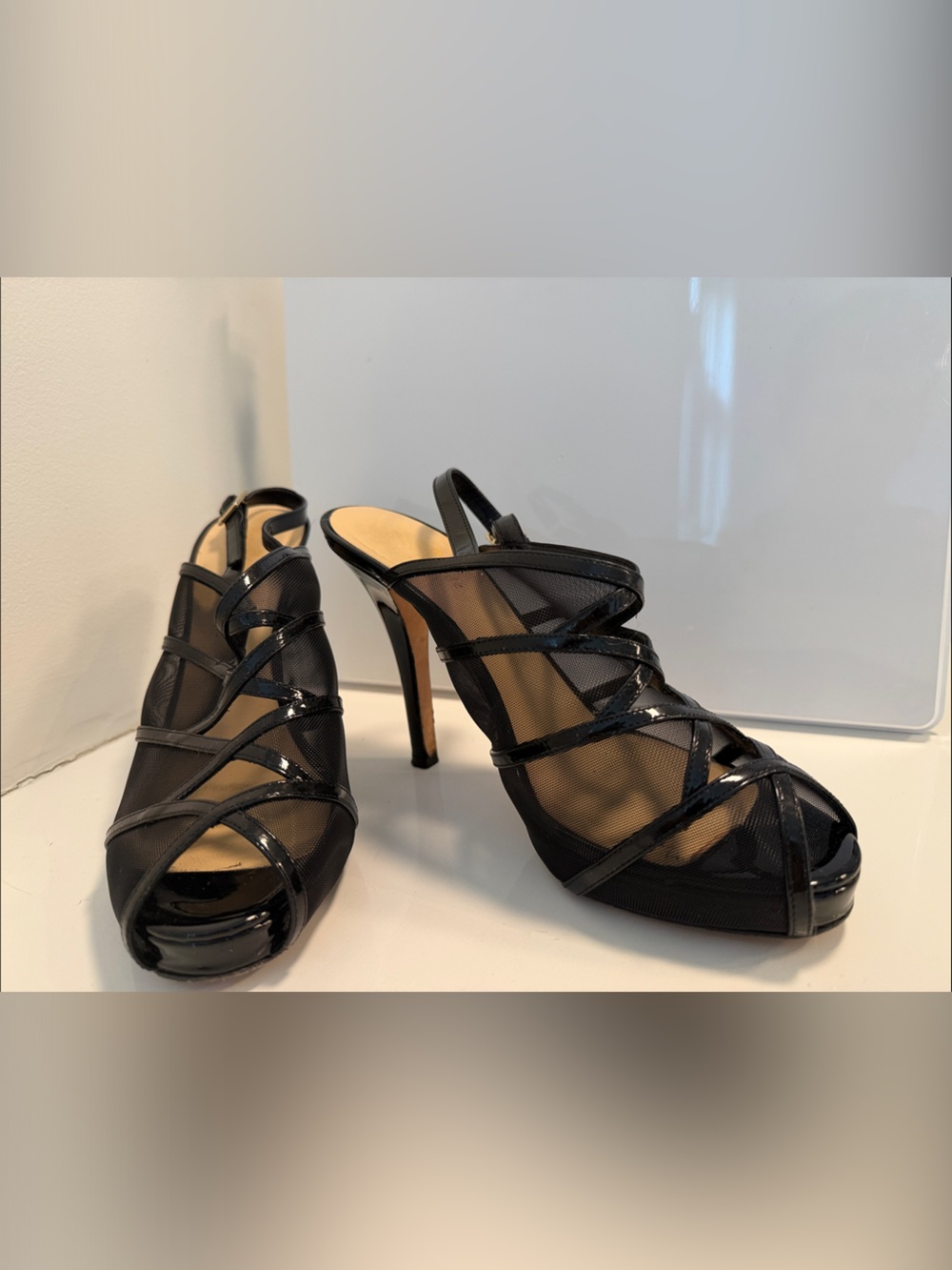 Kate Spade Black Mesh Strappy Slingback Heels